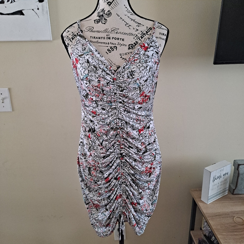 Guess Floral Ruched Dress - White and Red
